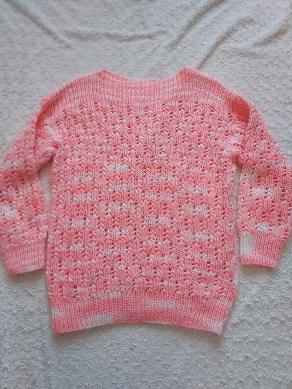 Pink & White Openwork Handmade Knit Women's Sweater Winter Fall Cool Weather